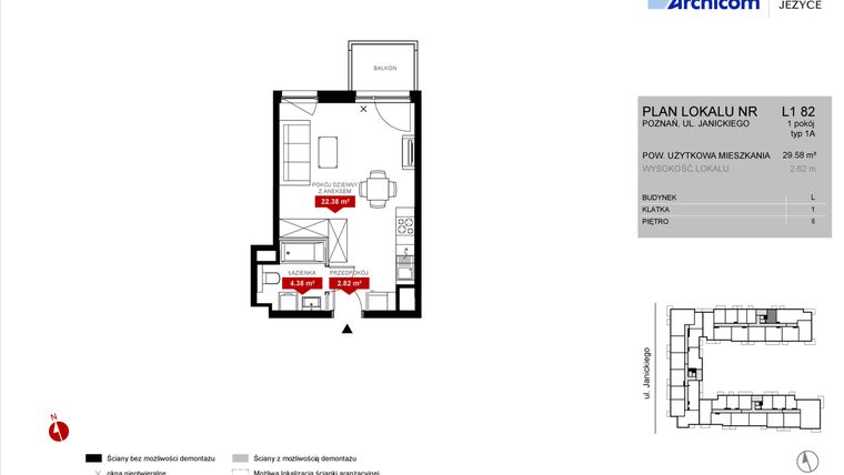 Rzut - Mieszkanie na sprzedaż 1 pokój o powierzchni 29,58 m² - numer L1.82 w Wieża Jeżyce etap VI