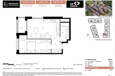 Rzut - Mieszkanie na sprzedaż 2 pokoje o powierzchni 47,49 m² - numer B1.1.88 w Browary Tarnowskie etap 1