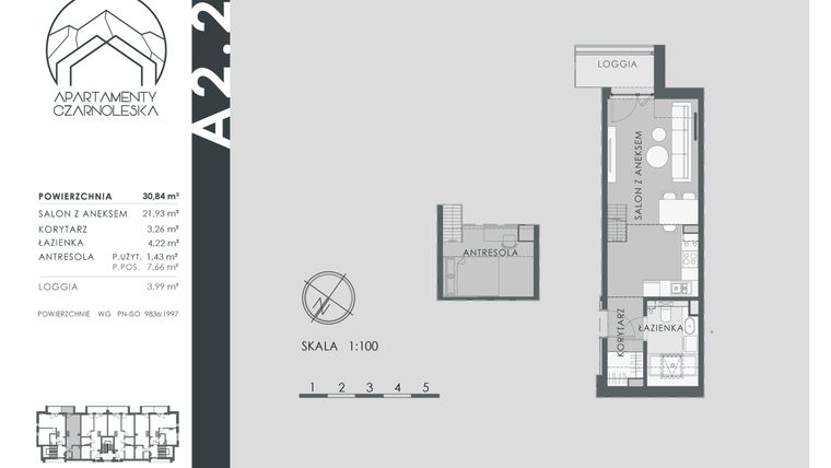 Rzut - Mieszkanie na sprzedaż 1 pokój o powierzchni 30,84 m² - numer A2.2 w Apartamenty Czarnoleska