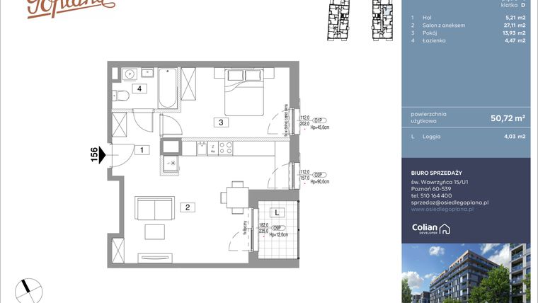 Rzut - Mieszkanie na sprzedaż 2 pokoje o powierzchni 50,72 m² - numer F156 w Goplana budynek F