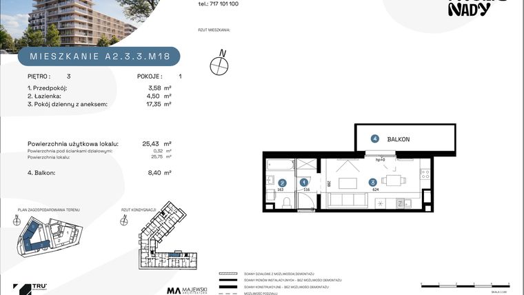 Rzut - Mieszkanie na sprzedaż 1 pokój o powierzchni 25,43 m² - numer A2.3.3.M18 w Nowe Promenady