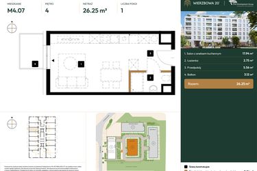 Rzut - Mieszkanie na sprzedaż 1 pokój o powierzchni 26,25 m² - numer 2.M4.07 w Wierzbowa 20
