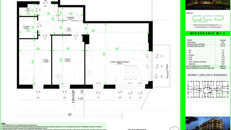 Rzut - Mieszkanie na sprzedaż 3 pokoje o powierzchni 69,92 m² - numer 1.2. w City Park Apartments