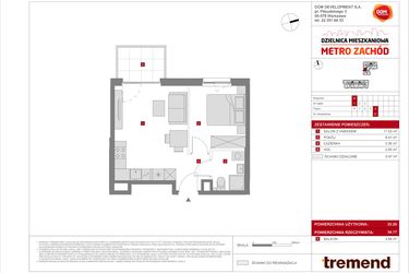 Rzut - Mieszkanie na sprzedaż 2 pokoje o powierzchni 33,2 m² - numer B.37 w Dzielnica Mieszkaniowa Metro Zachód - etap 8.2