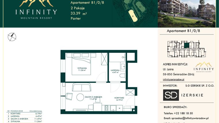 Rzut - Mieszkanie na sprzedaż 2 pokoje o powierzchni 33,39 m² - numer B1/0/8 w Infinity Mountain Resort etap 2
