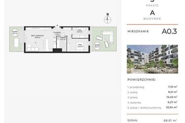 Rzut - Mieszkanie na sprzedaż 3 pokoje o powierzchni 67,97 m² - numer A0.3 w Enklawa Bukowa