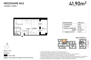 Rzut - Mieszkanie na sprzedaż 1 pokój o powierzchni 41,9 m² - numer M43 w Finezja