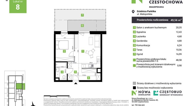 Rzut - Mieszkanie na sprzedaż 2 pokoje o powierzchni 49,56 m² - numer E8 w Nowa Częstochowa Małopolska etap II