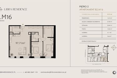 Rzut - Mieszkanie na sprzedaż 3 pokoje o powierzchni 97,71 m² - numer B2.M16 w Libra Residence