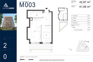 Rzut - Mieszkanie na sprzedaż 2 pokoje o powierzchni 42,87 m² - numer M003 w Ultradom