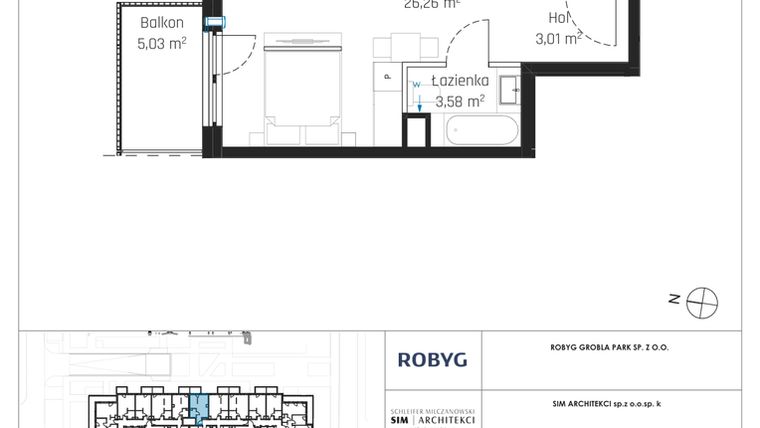 Rzut - Mieszkanie na sprzedaż 1 pokój o powierzchni 32,86 m² - numer J.1M19 w Nadmotławie Apartments etap J
