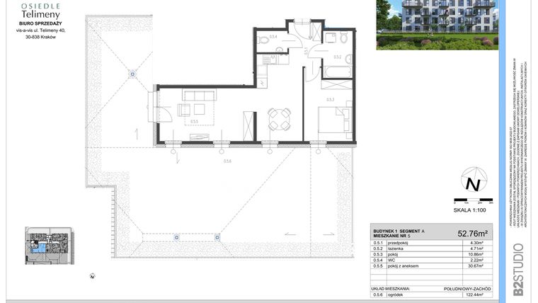 Rzut - Mieszkanie na sprzedaż 3 pokoje o powierzchni 52,76 m² - numer A.5 w Osiedle Telimeny etap III