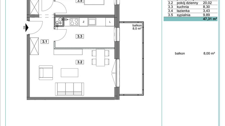 Rzut - Mieszkanie na sprzedaż 2 pokoje o powierzchni 47,4 m² - numer D.3 w Osiedle Kościuszki etap II