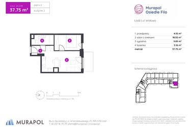 Rzut - Mieszkanie na sprzedaż 2 pokoje o powierzchni 37,75 m² - numer 2.C.2.10 w Murapol Osiedle Filo etap II