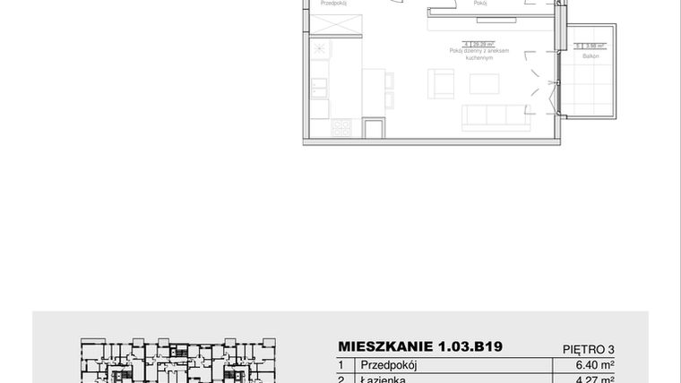 Rzut - Mieszkanie na sprzedaż 2 pokoje o powierzchni 52,85 m² - numer 1.03.B19 w Ogrody Andersa III