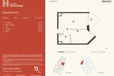 Rzut - Mieszkanie na sprzedaż 2 pokoje o powierzchni 33,26 m² - numer A14 w Osiedle Hierowskiego