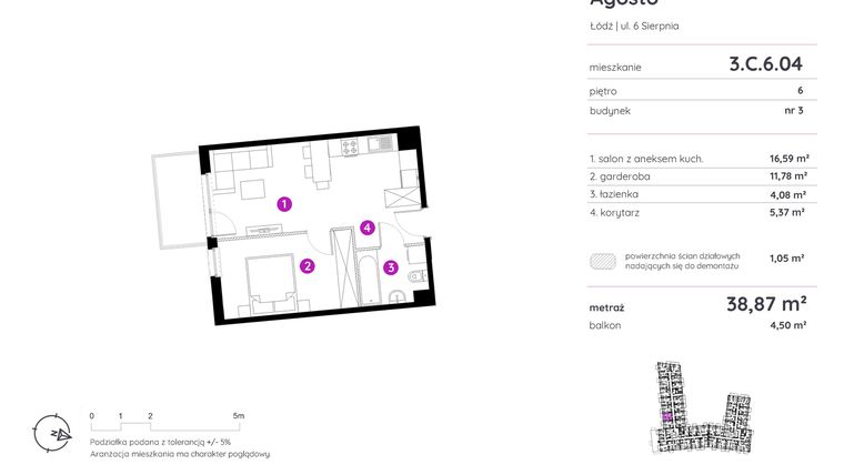 Rzut - Mieszkanie na sprzedaż 1 pokój o powierzchni 38,97 m² - numer 3.C.6.04 w Murapol Agosto