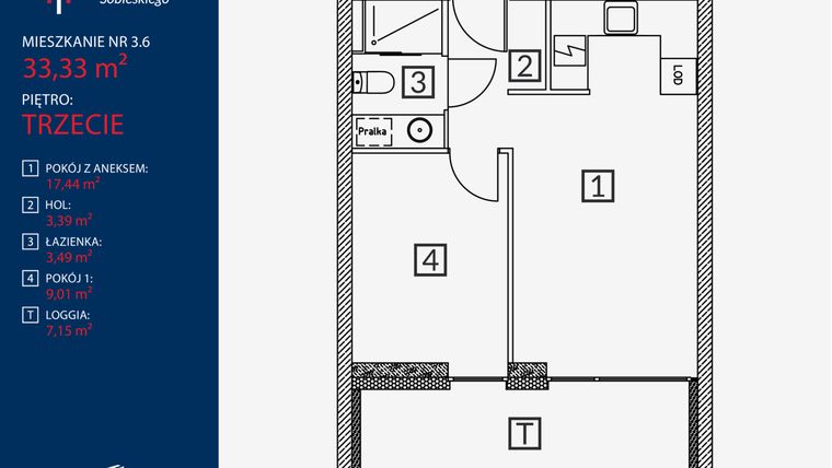Rzut - Mieszkanie na sprzedaż 2 pokoje o powierzchni 33,33 m² - numer B2.M.3.6 w Tarasy Sobieskiego