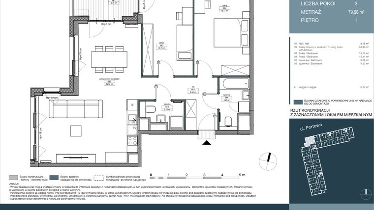 Rzut - Mieszkanie na sprzedaż 3 pokoje o powierzchni 79,98 m² - numer 68 w Portowa Zabłocie
