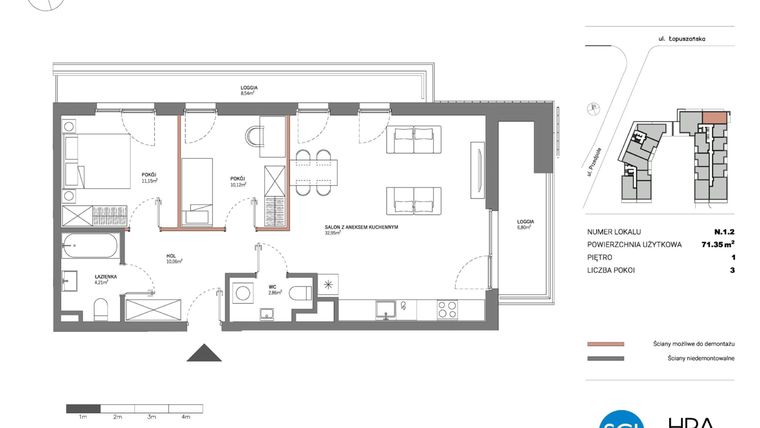 Rzut - Mieszkanie na sprzedaż 3 pokoje o powierzchni 71,35 m² - numer N.1.2 w Łopuszańska 47 - etap 4