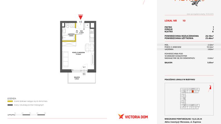 Rzut - Mieszkanie na sprzedaż 1 pokój o powierzchni 26,1 m² - numer 10 w Metro Art 6