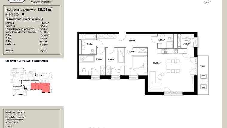 Rzut - Mieszkanie na sprzedaż 4 pokoje o powierzchni 88,89 m² - numer M 1.4 w Willa Robocza 48