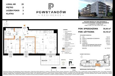 Rzut - Mieszkanie na sprzedaż 3 pokoje o powierzchni 54,44 m² - numer 25 w Powstańców Residence