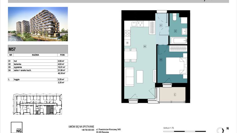 Rzut - Mieszkanie na sprzedaż 2 pokoje o powierzchni 40,13 m² - numer D57 w Panorama Kwiatkowskiego