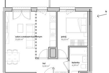Rzut - Mieszkanie na sprzedaż 2 pokoje o powierzchni 43,72 m² - numer A.08.098 w Unii Lubelskiej Vita