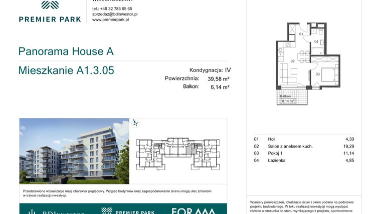 Rzut - Mieszkanie na sprzedaż 2 pokoje o powierzchni 39,58 m² - numer A1.3.05 w Premier Park II