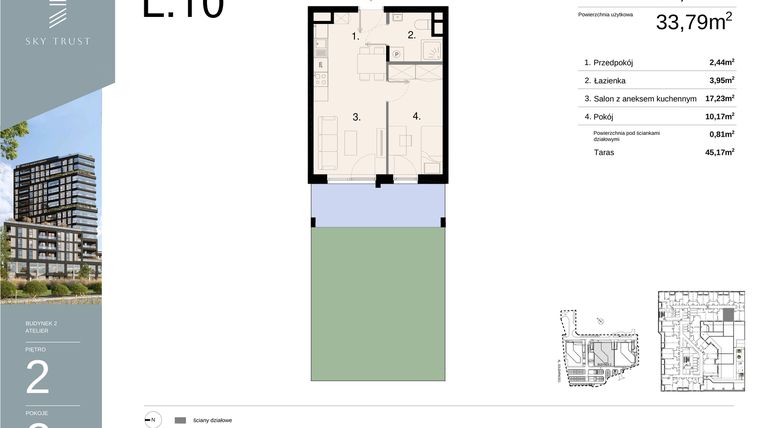 Rzut - Mieszkanie na sprzedaż 2 pokoje o powierzchni 34,6 m² - numer L10 w Sky Trust etap II - Apartamenty inwestycyjne