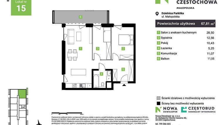 Rzut - Mieszkanie na sprzedaż 3 pokoje o powierzchni 67,81 m² - numer D15 w Nowa Częstochowa Małopolska etap II