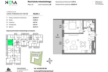 Rzut - Mieszkanie na sprzedaż 2 pokoje o powierzchni 45,6 m² - numer 28 w Nova Radiostacja