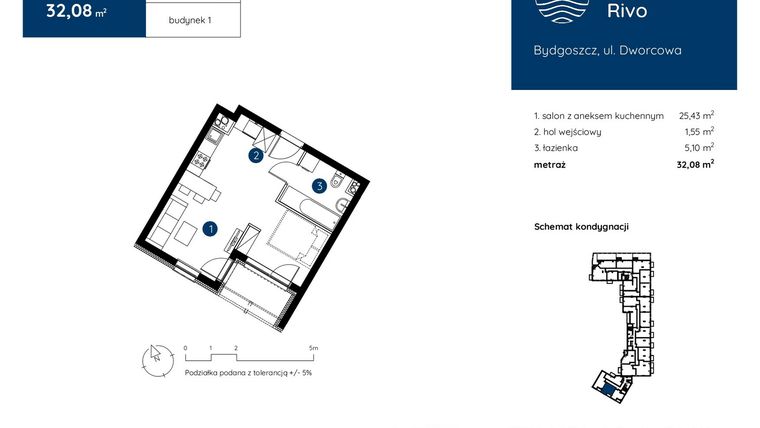 Rzut - Mieszkanie na sprzedaż 1 pokój o powierzchni 32,08 m² - numer 1.A.1.02 w Murapol Rivo