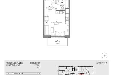 Rzut - Mieszkanie na sprzedaż 1 pokój o powierzchni 30,56 m² - numer 1A.03 w Akacjowa Wita