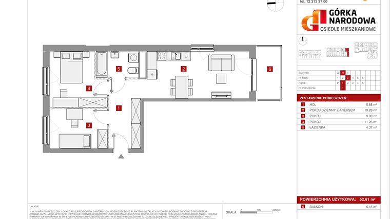 Rzut - Mieszkanie na sprzedaż 3 pokoje o powierzchni 52,61 m² - numer GN_4_1_H_1 w Osiedle Górka Narodowa