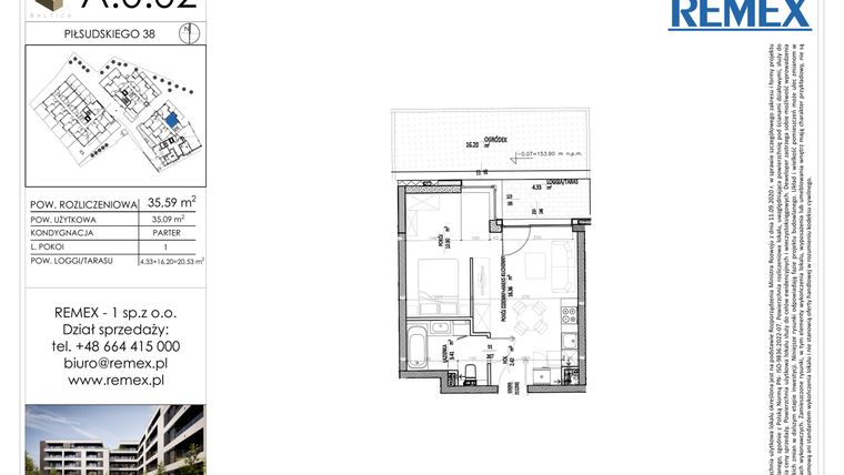 Rzut - Mieszkanie na sprzedaż 1 pokój o powierzchni 35,59 m² - numer A.0.02 w Osiedle BALTICA