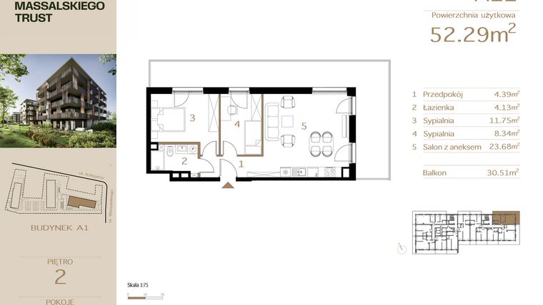 Rzut - Mieszkanie na sprzedaż 3 pokoje o powierzchni 52,29 m² - numer M11 w Massalskiego Trust