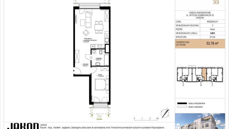 Rzut - Mieszkanie na sprzedaż 2 pokoje o powierzchni 53,78 m² - numer 3.B15 w Gombrowicza 33 - etap II