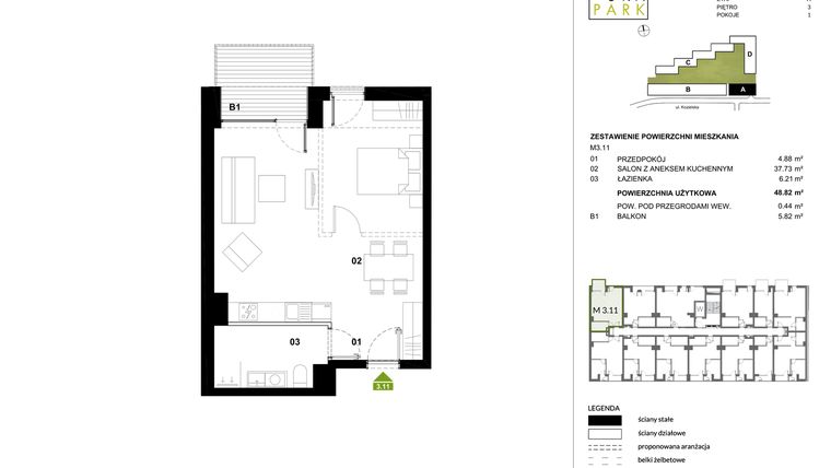 Rzut - Mieszkanie na sprzedaż 1 pokój o powierzchni 49,26 m² - numer A.3.11 w Kozielska Park