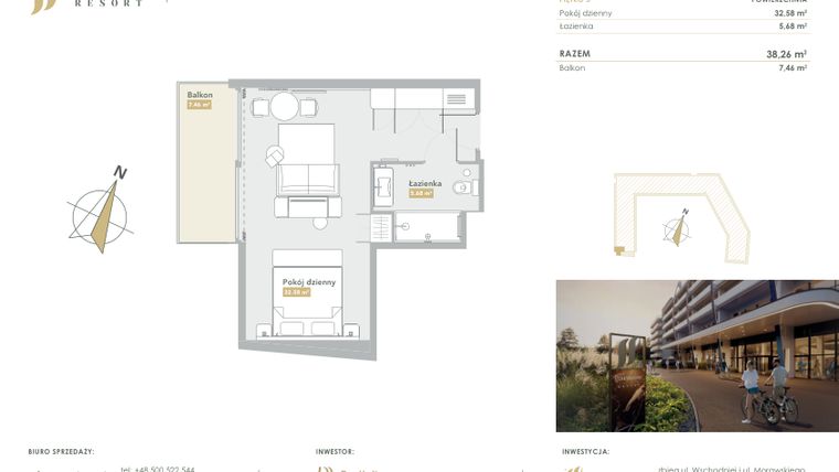 Rzut - Mieszkanie na sprzedaż 1 pokój o powierzchni 38,26 m² - numer H.3.13 w Harmony Resort