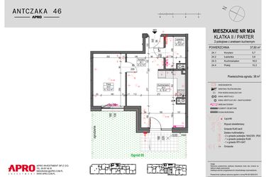 Rzut - Mieszkanie na sprzedaż 2 pokoje o powierzchni 37,6 m² - numer 24 w Antczaka 46
