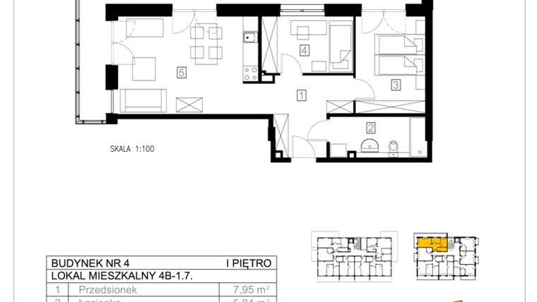 Rzut - Mieszkanie na sprzedaż 3 pokoje o powierzchni 53,4 m² - numer 4B-1.7 w Gardenia Pogodno