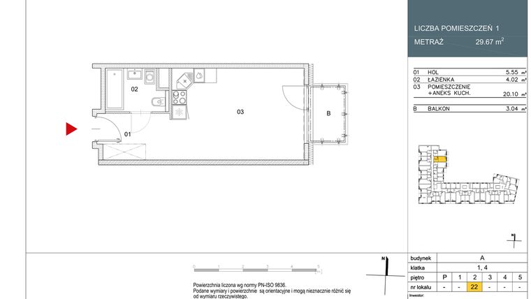 Rzut - Mieszkanie na sprzedaż 1 pokój o powierzchni 29,67 m² - numer L22 w Morwowa 5 - Apartamenty inwestycyjne
