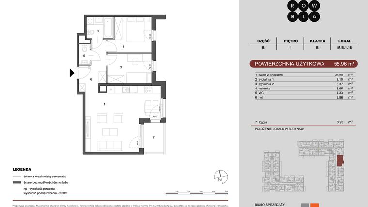 Rzut - Mieszkanie na sprzedaż 3 pokoje o powierzchni 55,96 m² - numer M.B.1.018 w CUKROWNIA