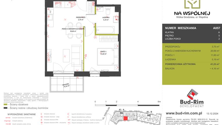 Rzut - Mieszkanie na sprzedaż 2 pokoje o powierzchni 41,23 m² - numer 57 w Na Wspólnej