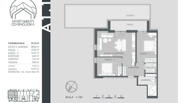 Rzut - Mieszkanie na sprzedaż 3 pokoje o powierzchni 73,13 m² - numer A1.1 w Apartamenty Czarnoleska