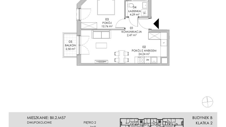 Rzut - Mieszkanie na sprzedaż 2 pokoje o powierzchni 43,76 m² - numer BII.2.M57 w Przewóz 42 ATAL II