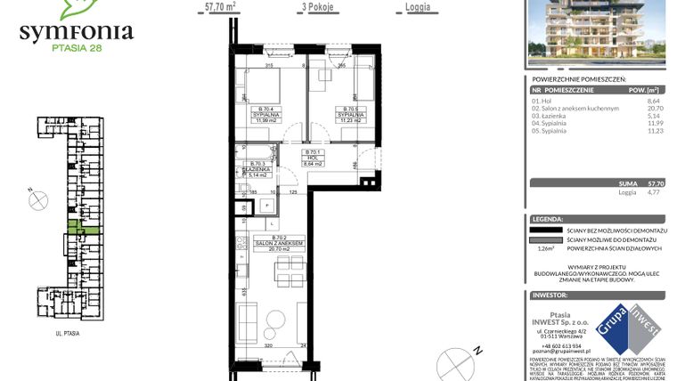 Rzut - Mieszkanie na sprzedaż 3 pokoje o powierzchni 57,7 m² - numer B.70 w Symfonia Ptasia 28