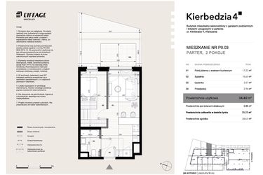 Rzut - Mieszkanie na sprzedaż 2 pokoje o powierzchni 34,4 m² - numer P0.03 w Kierbedzia 4
